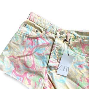 Zara High Rise Denim Jeans Shorts Sz 6 Pastel Marble Print Raw Hem Festival Boho